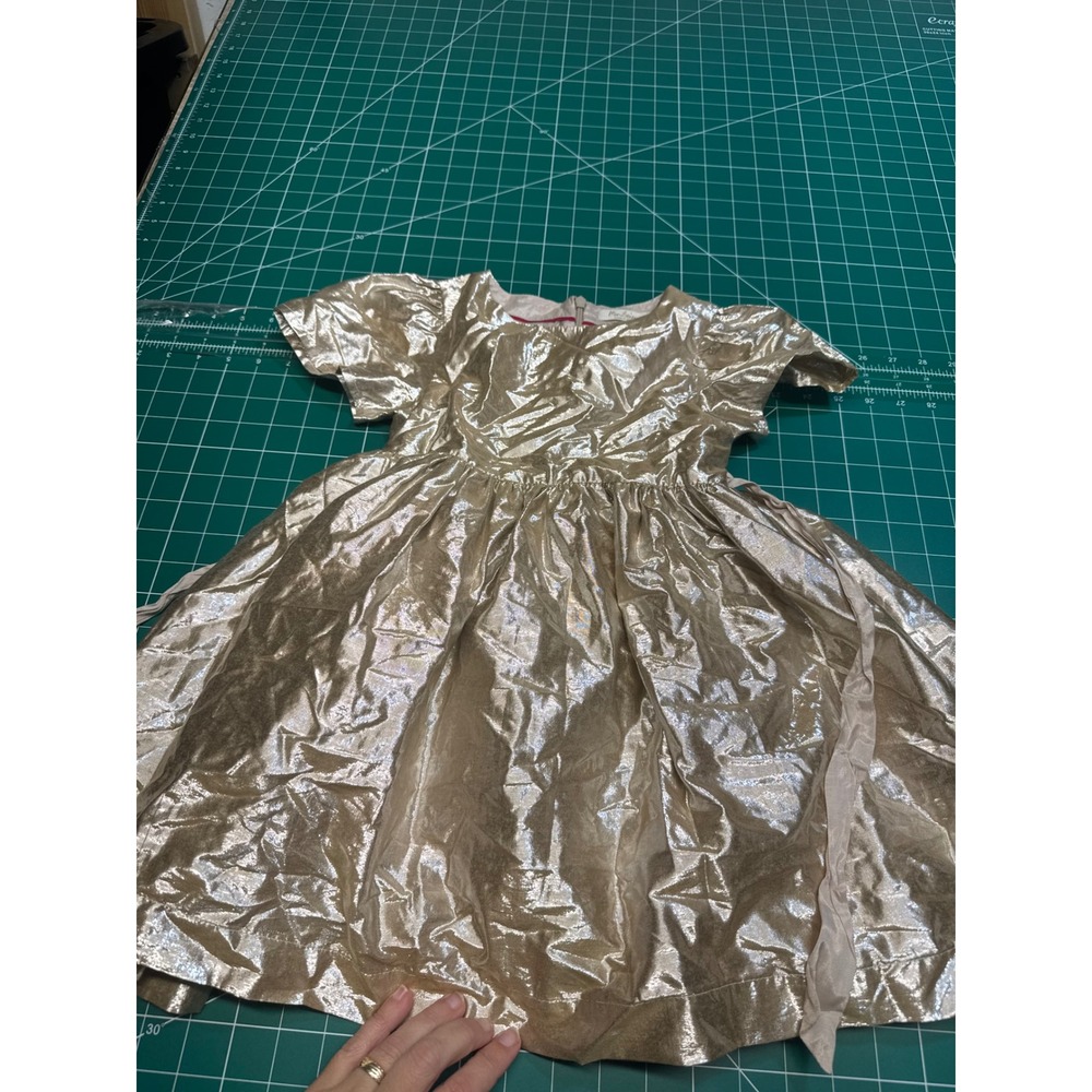 Mini Boden Girls Metallic Gold Party Dress Short Sleeve Holiday Size 5-6Y 116cm